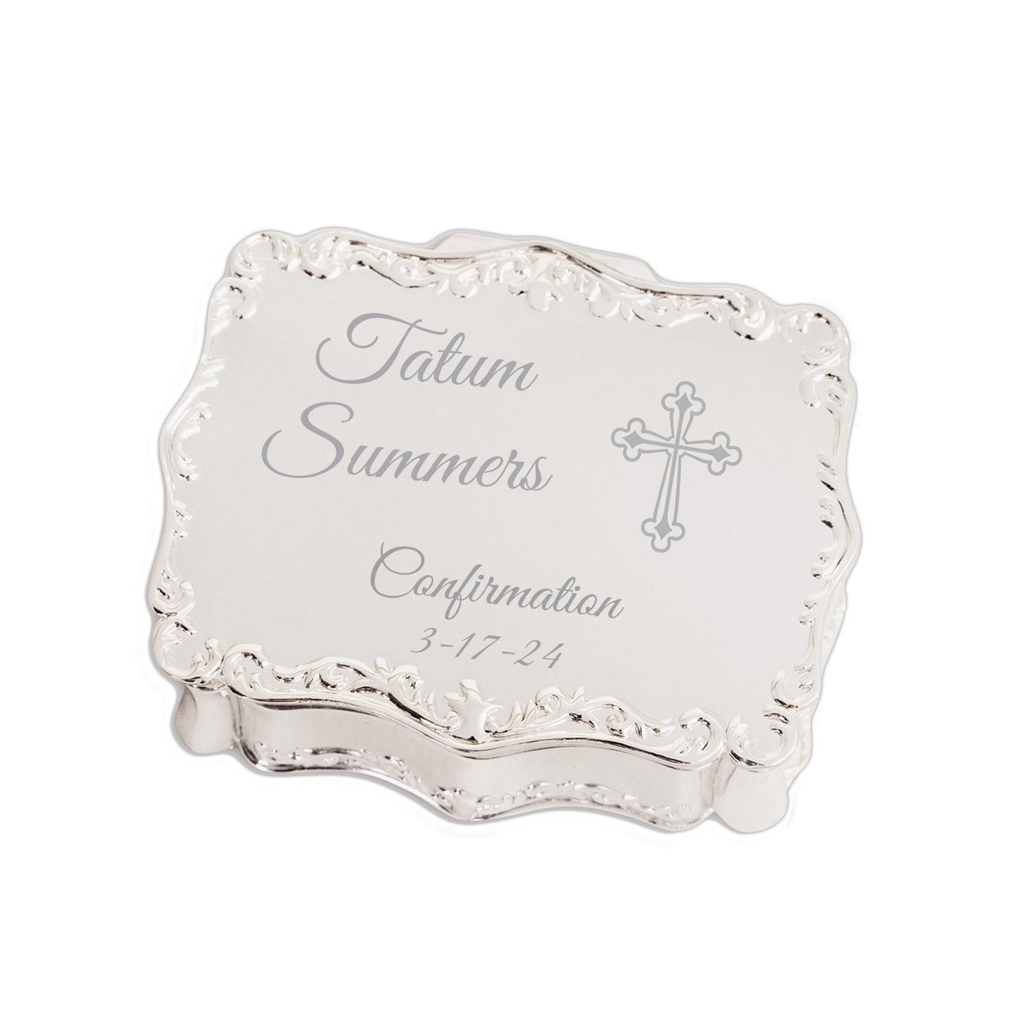 Cherished Moments Personalized Small Rectangle-Shaped Jewelry Keepsake Box with Custom Engraved Name or Initials, Silver Toned