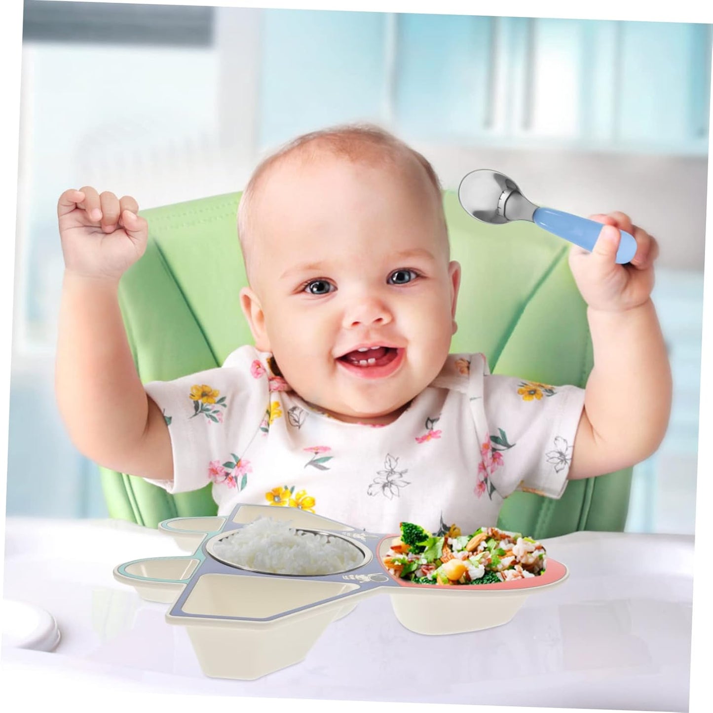 Beaupretty Children's Airplane Shaped Divided Plate Set for Toddlers 304 Stainless Steel Dinnerware with Spoon and Fork for Baby Food Serving and Creative Meals