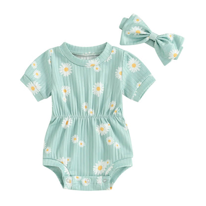 Baby Girl Summer Clothes Ribbed Short Sleeve Romper Solid Color Bodysuits Bow Headband Outfit Newborn Girl Jumpsuit