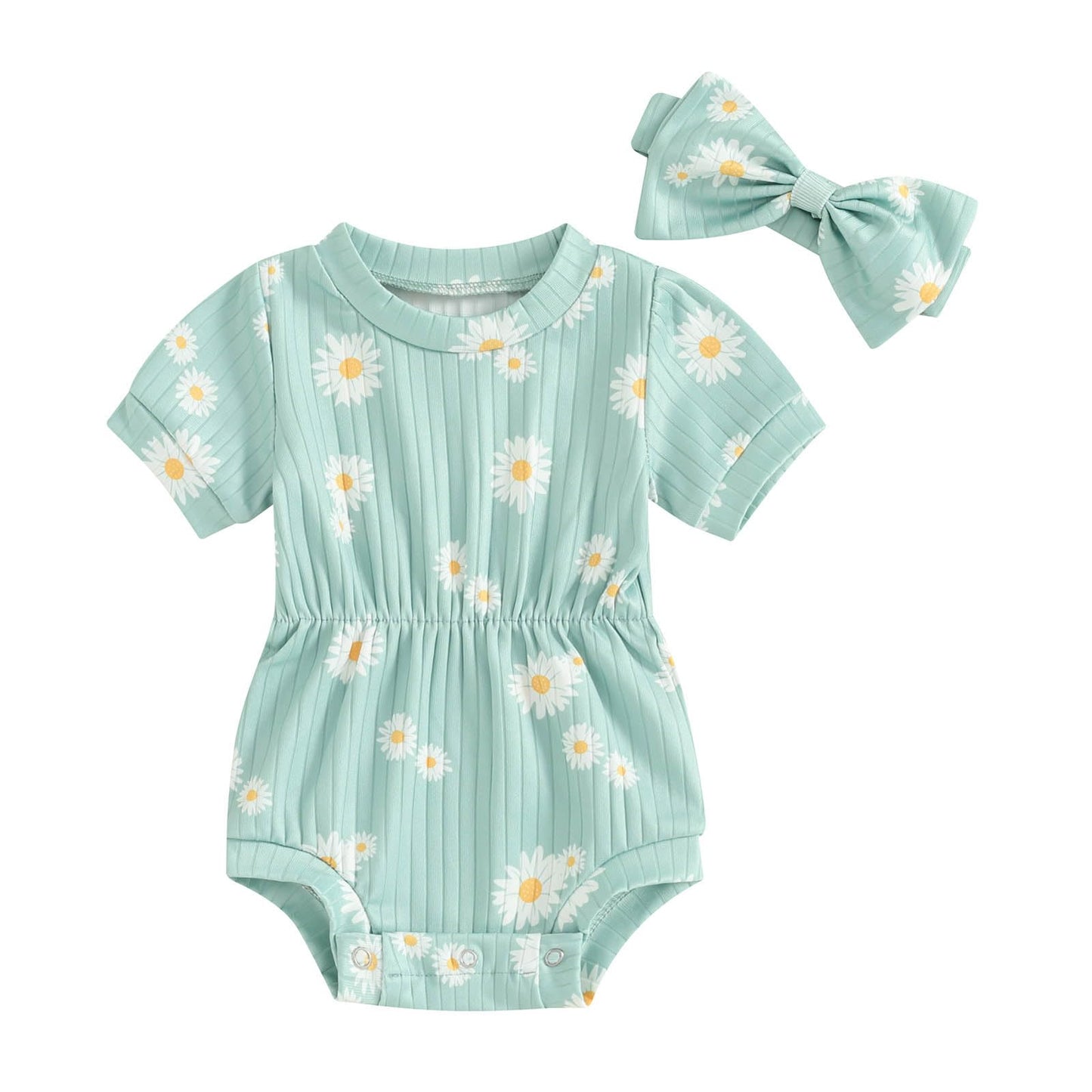 Baby Girl Summer Clothes Ribbed Short Sleeve Romper Solid Color Bodysuits Bow Headband Outfit Newborn Girl Jumpsuit