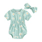 Baby Girl Summer Clothes Ribbed Short Sleeve Romper Solid Color Bodysuits Bow Headband Outfit Newborn Girl Jumpsuit