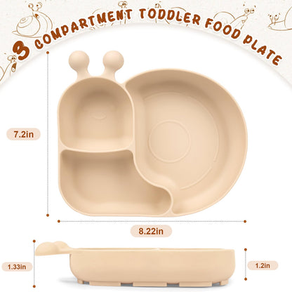 Silicone Baby Plate with Super Suction – Snail Shape 3 Compartment Toddler Food Plate Self Feeding Unbreakable Eating Supplies for Boys and Girls (Pink) (Green)