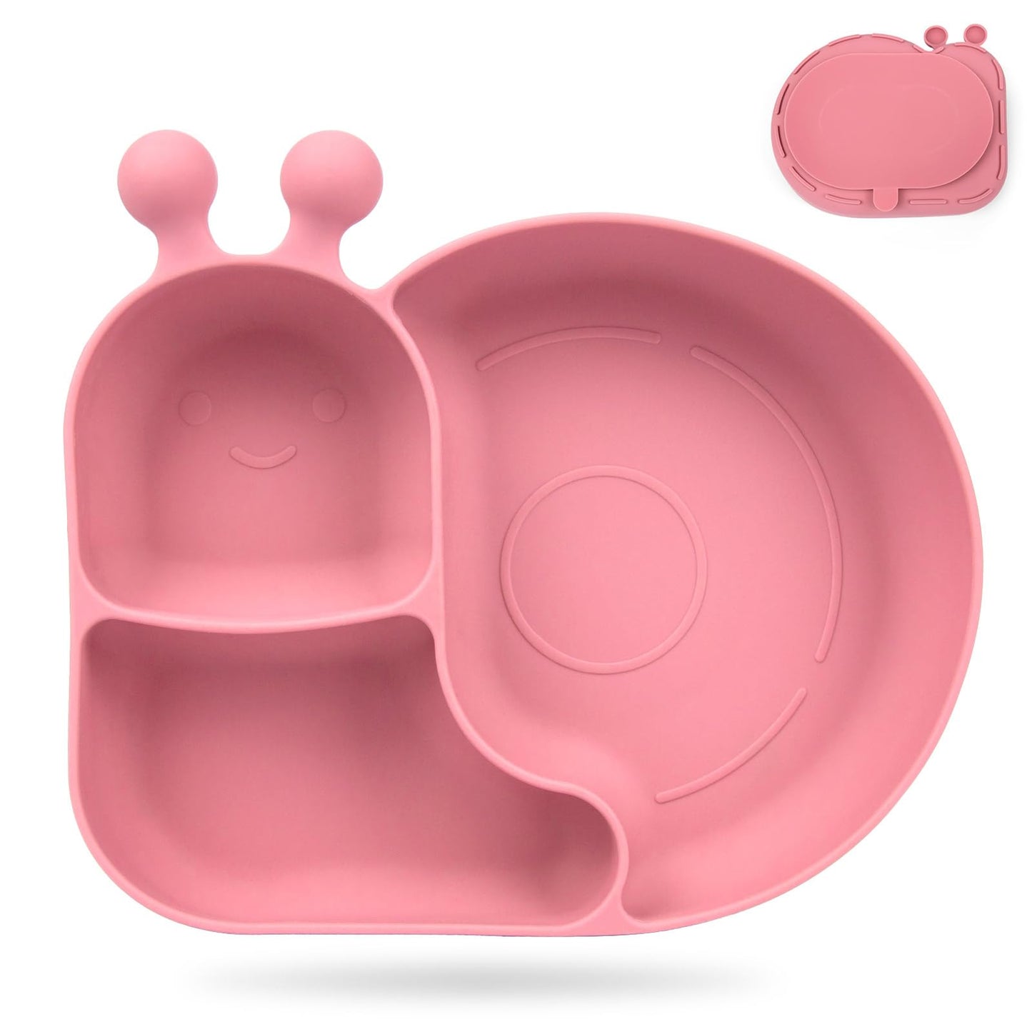 Silicone Baby Plate with Super Suction – Snail Shape 3 Compartment Toddler Food Plate Self Feeding Unbreakable Eating Supplies for Boys and Girls (Pink) (Green)