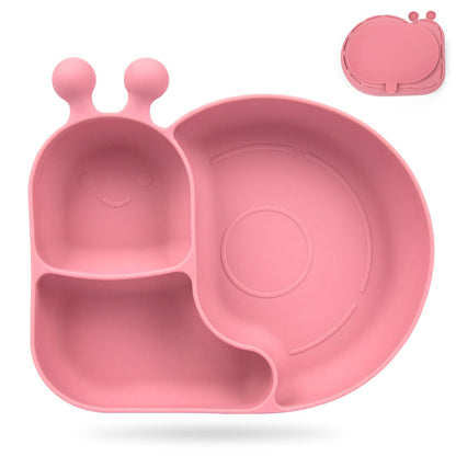 Silicone Baby Plate with Super Suction – Snail Shape 3 Compartment Toddler Food Plate Self Feeding Unbreakable Eating Supplies for Boys and Girls (Pink) (Green)