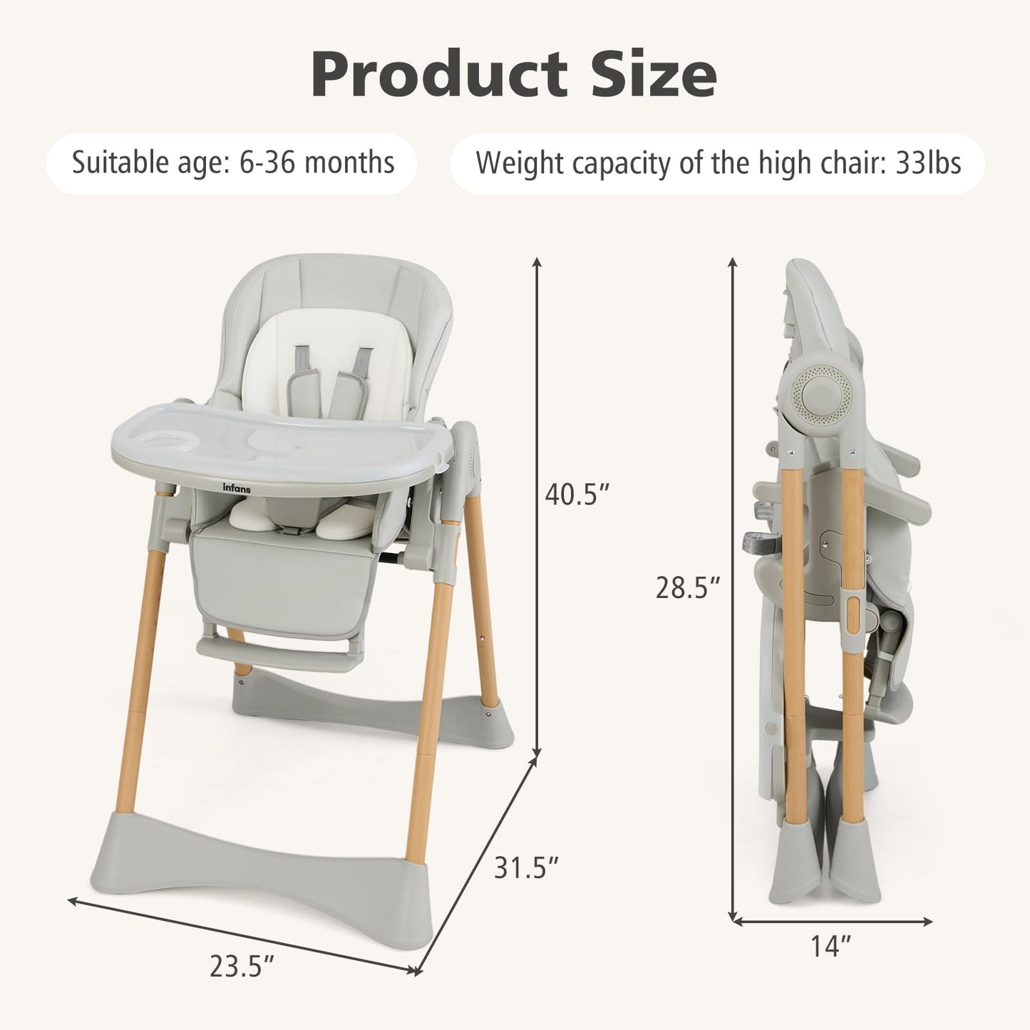 INFANS Baby High Chair, High Chairs for Babies & Toddlers with Adjustable Height Backrest Footrest Removable Tray, Easy to Clean PU Seat Convertible Quick Folding Portable Highchair (Dark Gray)