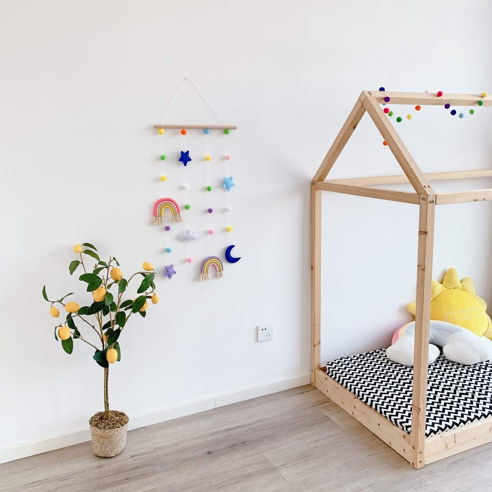 Macrame Rainbow Wall Hanging for Nursery Room,URMAGIC Rainbow Hanging Photo Display with Pom Pom Ball and 25 Photo Clips,Wood Mobile Bed Bell with Moon,Cloud and Stars,Baby Crib Hanging Toys