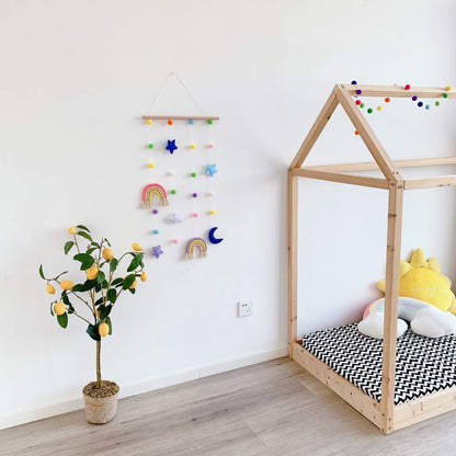 Macrame Rainbow Wall Hanging for Nursery Room,URMAGIC Rainbow Hanging Photo Display with Pom Pom Ball and 25 Photo Clips,Wood Mobile Bed Bell with Moon,Cloud and Stars,Baby Crib Hanging Toys