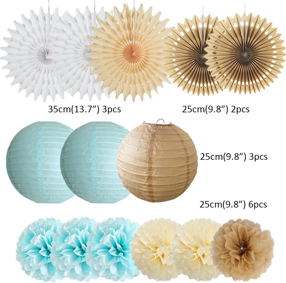 Blue and Brown Party Decorations Light Blue and Brown Baby Shower Decorations White Paper Fans Cream Pom Poms for Engagement Party Decorations Blue and Brown Birthday Wedding Room Decorations