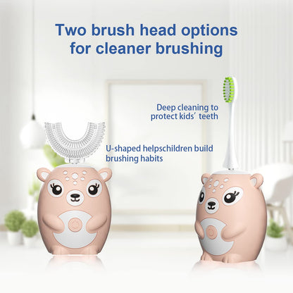 Kids Electric Toothbrush U Shaped Toddler Auto Sonic Toothbrushes with 5 Brush Head,Cartoon Dinosaur Ultrasonic Toothbrushes for Children 2-12 Years,360° Full Mouth Cleaning Automatic