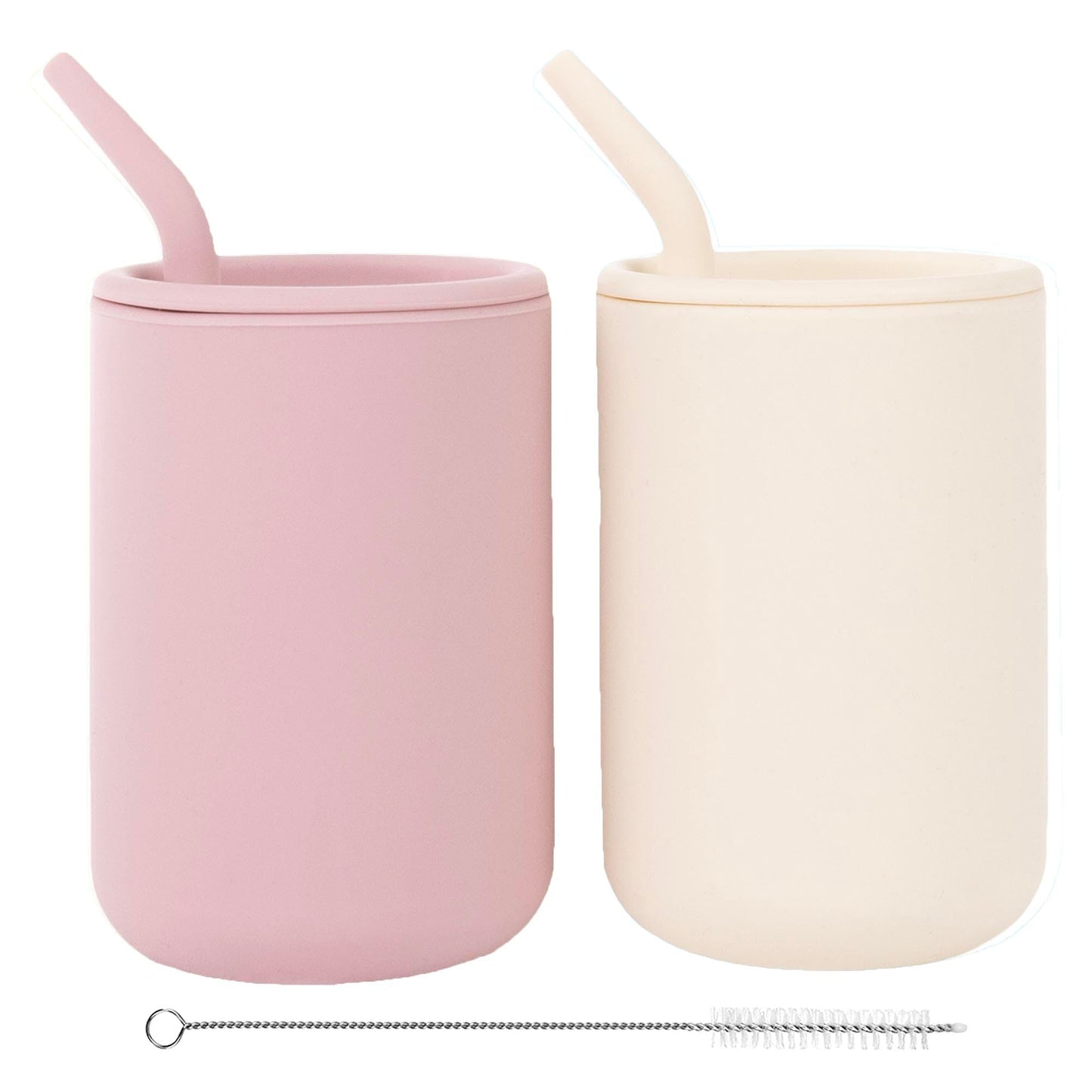 WeeSprout Silicone Baby Cups With Straws and Lids, 4 & 8 oz Options, Set of 2, Food Grade Toddler Training Container, Built In Straw Stoppers, Measurement Markings, Dishwasher Safe + Straw Cleaner