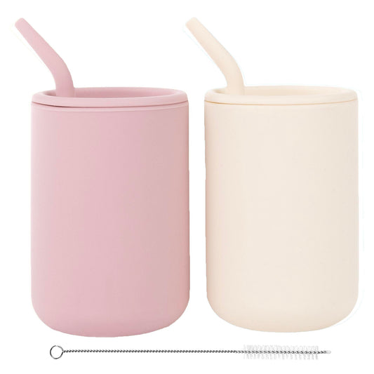 WeeSprout Silicone Baby Cups With Straws and Lids, 4 & 8 oz Options, Set of 2, Food Grade Toddler Training Container, Built In Straw Stoppers, Measurement Markings, Dishwasher Safe + Straw Cleaner