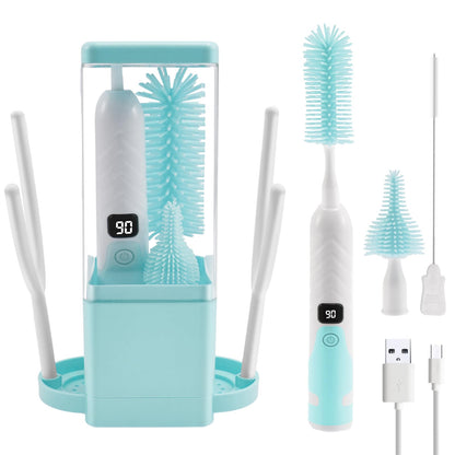 Bottle Brush Cleaning Set with Storage Holder, Adjustable Cleaning Power, Silicone Plastic LED Display Bottle Cleaner Brush for Long Narrow Neck Bottles, Water Bottles, Baby Bottles, Tumblers (Pink)