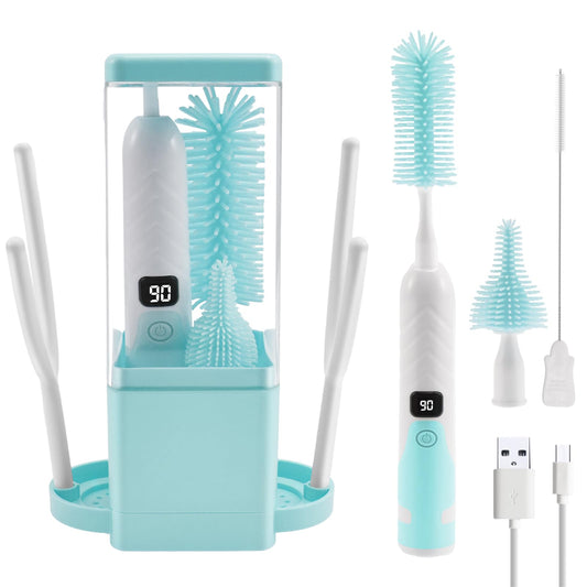 Bottle Brush Cleaning Set with Storage Holder, Adjustable Cleaning Power, Silicone Plastic LED Display Bottle Cleaner Brush for Long Narrow Neck Bottles, Water Bottles, Baby Bottles, Tumblers (Pink)