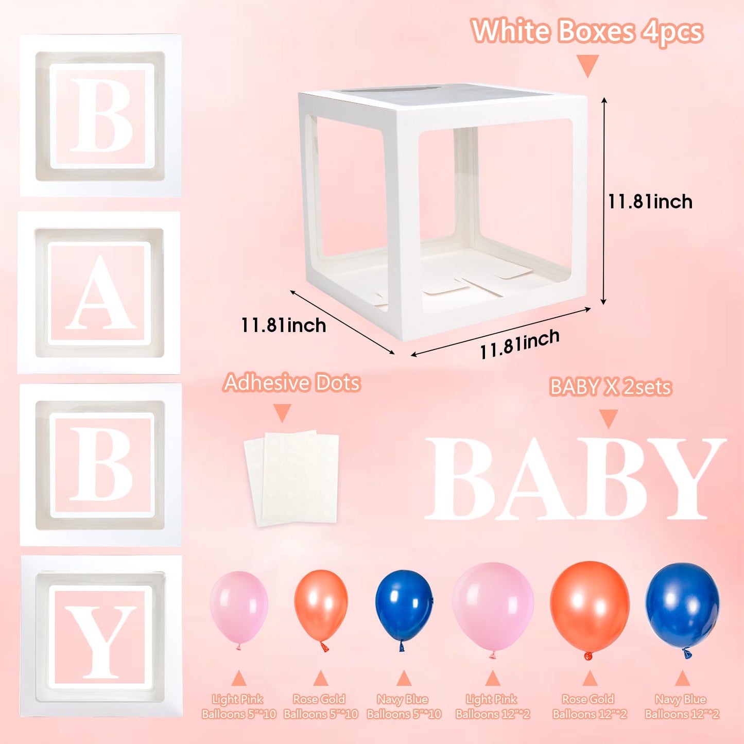 Baby Boxes with Letters for Baby Shower Decorations, Gender Reveal with 4 Pastel Balloon Boxes