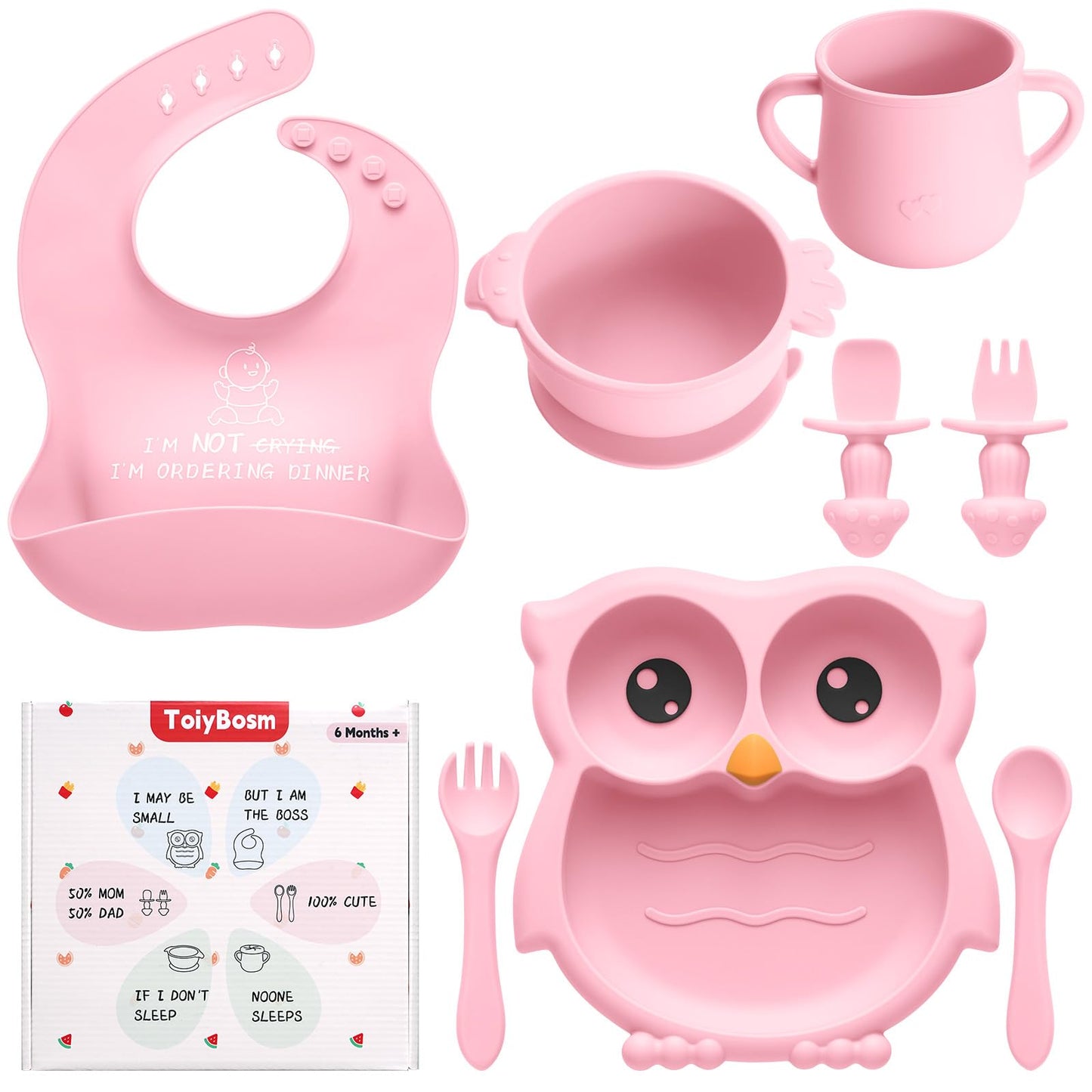 Silicone Baby Feeding Set, 8 Pcs Baby Led Weaning Supplies, Baby Feeding Essentials for 6+ Months, Toddler Weaning Set with Bib, Baby Plate and Bowl with suction(Pink-ToiyBosm Design)
