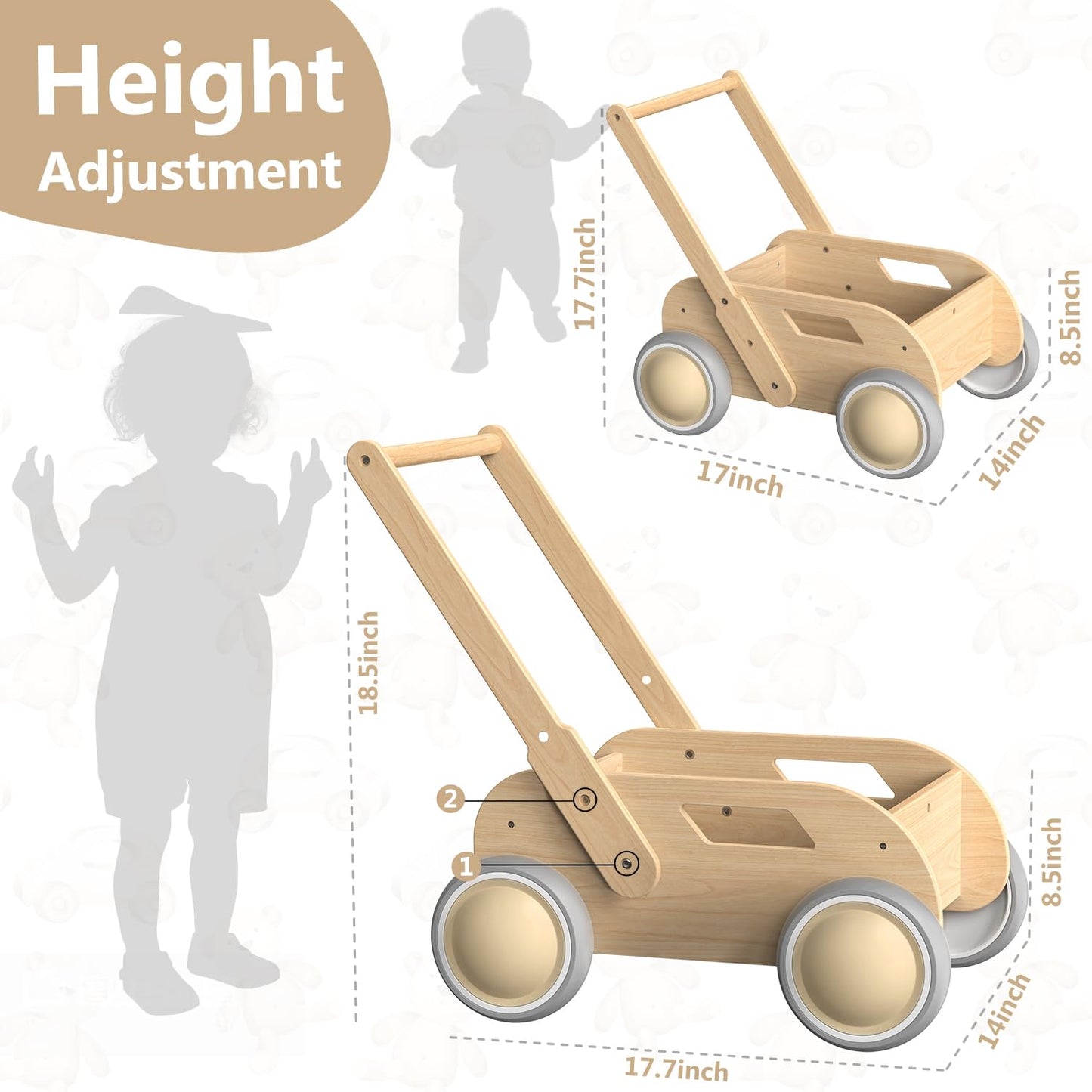 Wooden Baby Walker, Push and Pull Learning Walk Toys for Infants to Toddler, Walker with Wheels for Boys Girls, Gift for Birthday Christmas, Pink