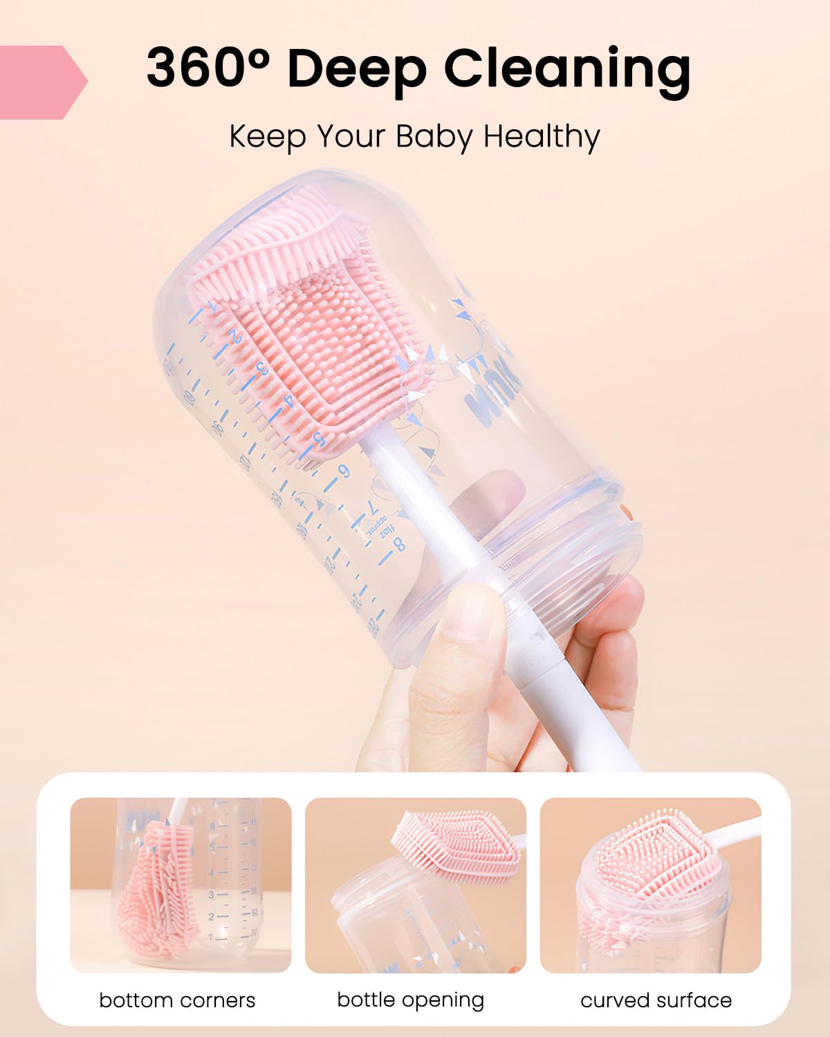 6-in-1 Travel Baby Bottle Brush Cleaning Kit, Travel Bottle Cleaner Kit with Silicone Bottle Brush, Nipple Brush, Straw Brush, Drying Rack, Dispenser, Organizer, Baby Travel Essential - Pink