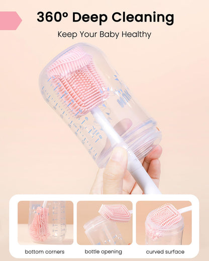 6-in-1 Travel Baby Bottle Brush Cleaning Kit, Travel Bottle Cleaner Kit with Silicone Bottle Brush, Nipple Brush, Straw Brush, Drying Rack, Dispenser, Organizer, Baby Travel Essential - Pink