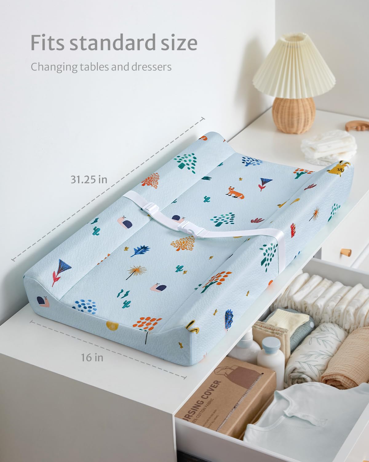 Blissful Diary Baby Changing Pad with Waterproof Lining Foam, Includes a Soft & Washable Cover, Contoured Changing Table Pads for Dresser Top with Non-Slip Bottom, 32”×16” (Grey, Avocado)