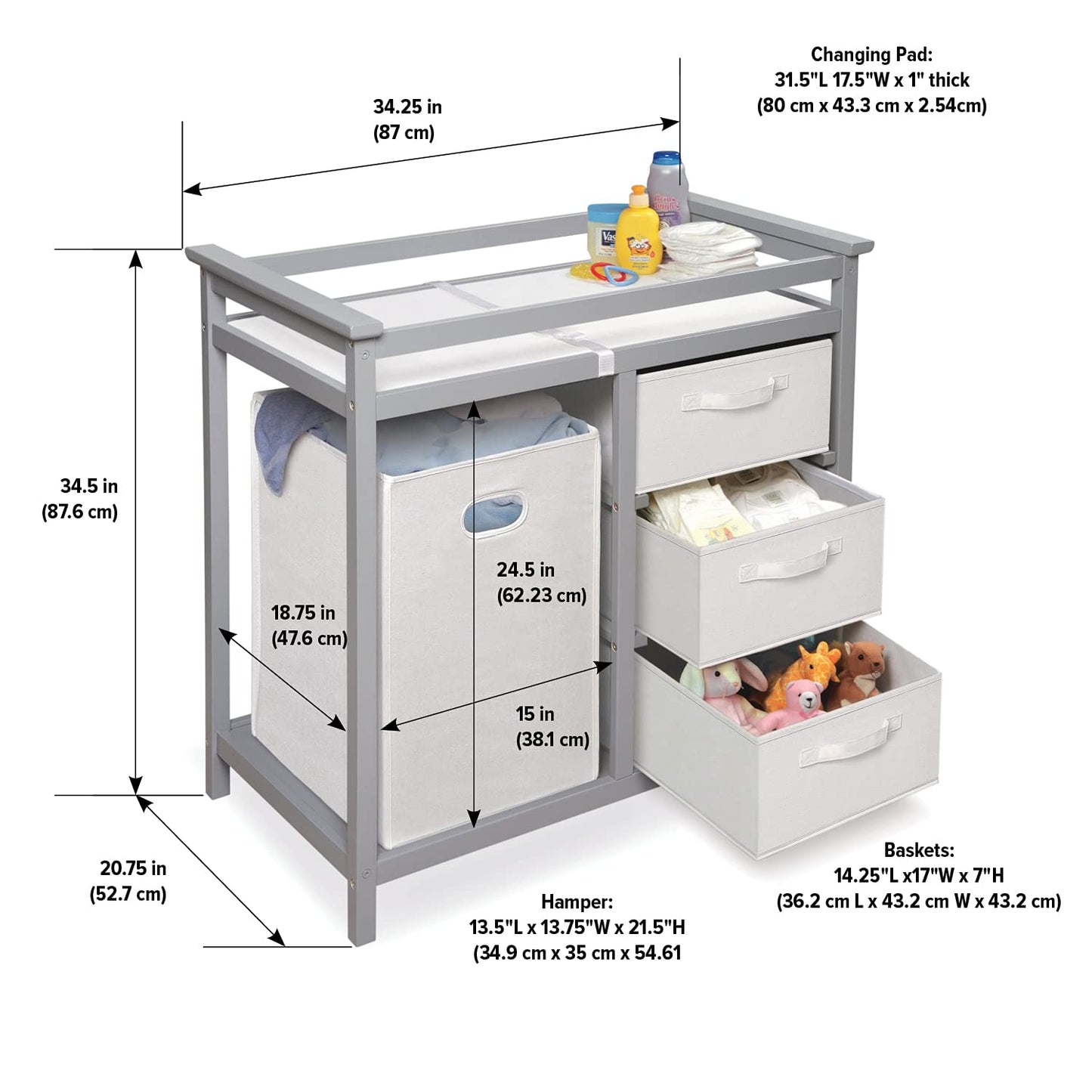 Badger Basket Modern Baby Changing Table - Portable Diaper Station with 3 Drawers Pad & Hamper - Storage Organizer for Baby Clothes, Diapers & Toys - Fresh White/White (34.25 x 20.75 x 34.5)