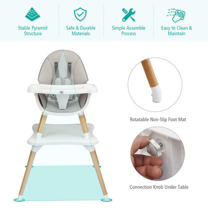 BABY JOY 6 in 1 High Chair, Convertible High Chairs for Babies and Toddlers/Booster Seat/Table and Chair Set, Infant Wooden Highchair w/ 5-Point Harness, 4-Position Removable Tray & PU Cushion, Coffee