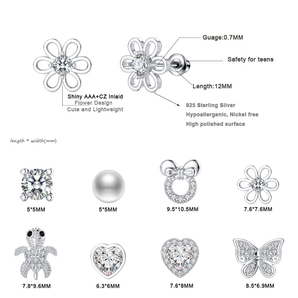 TOPBRIGHT 8 Pairs Hypoallergenic Earrings 925 Sterling Silver Stud Earrings White Heart CZ Tiny Butterfly For Kids, Toddlers, Little Girls, Teens, Women