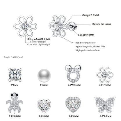 TOPBRIGHT 8 Pairs Hypoallergenic Earrings 925 Sterling Silver Stud Earrings White Heart CZ Tiny Butterfly For Kids, Toddlers, Little Girls, Teens, Women