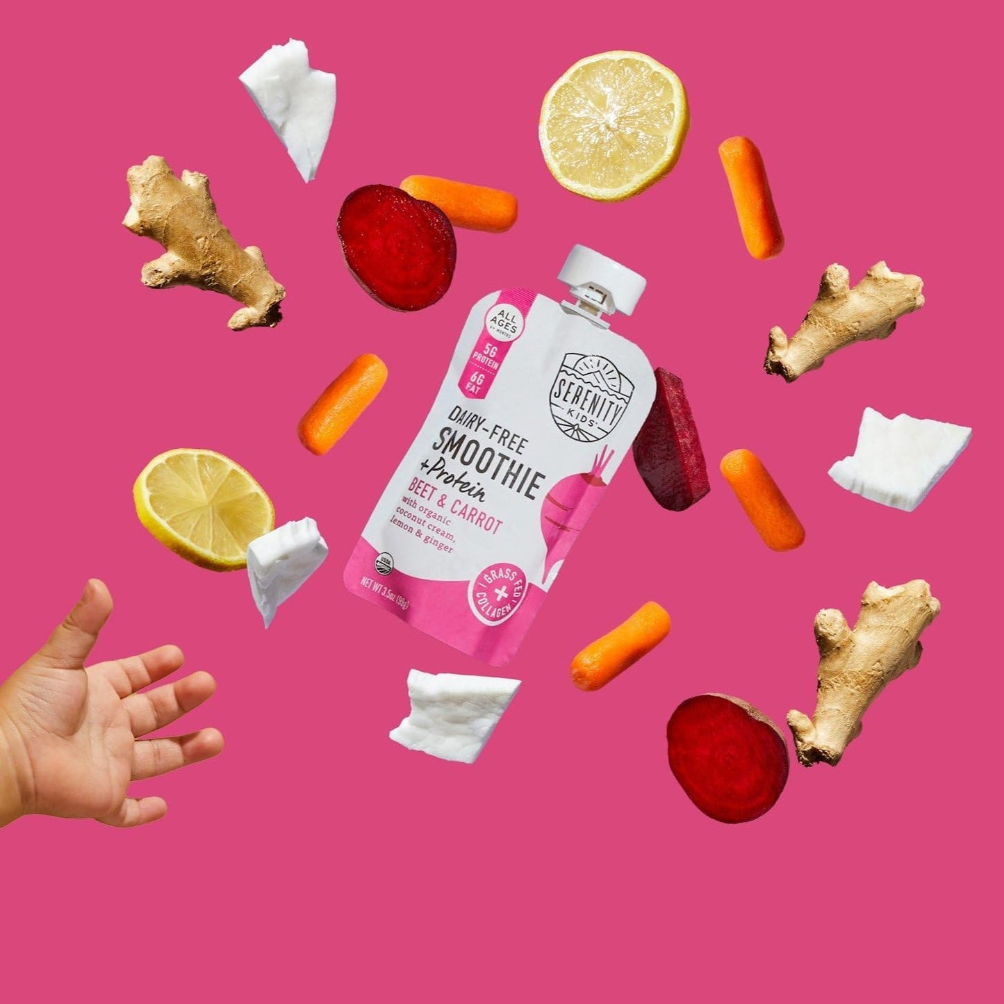 Serenity Kids 6+ Months Dairy-Free Smoothie Baby Food | USDA Organic | Grass Fed Collagen Protein | 3.5 Ounce BPA-Free Pouch | Berry Butternut | 12 Count