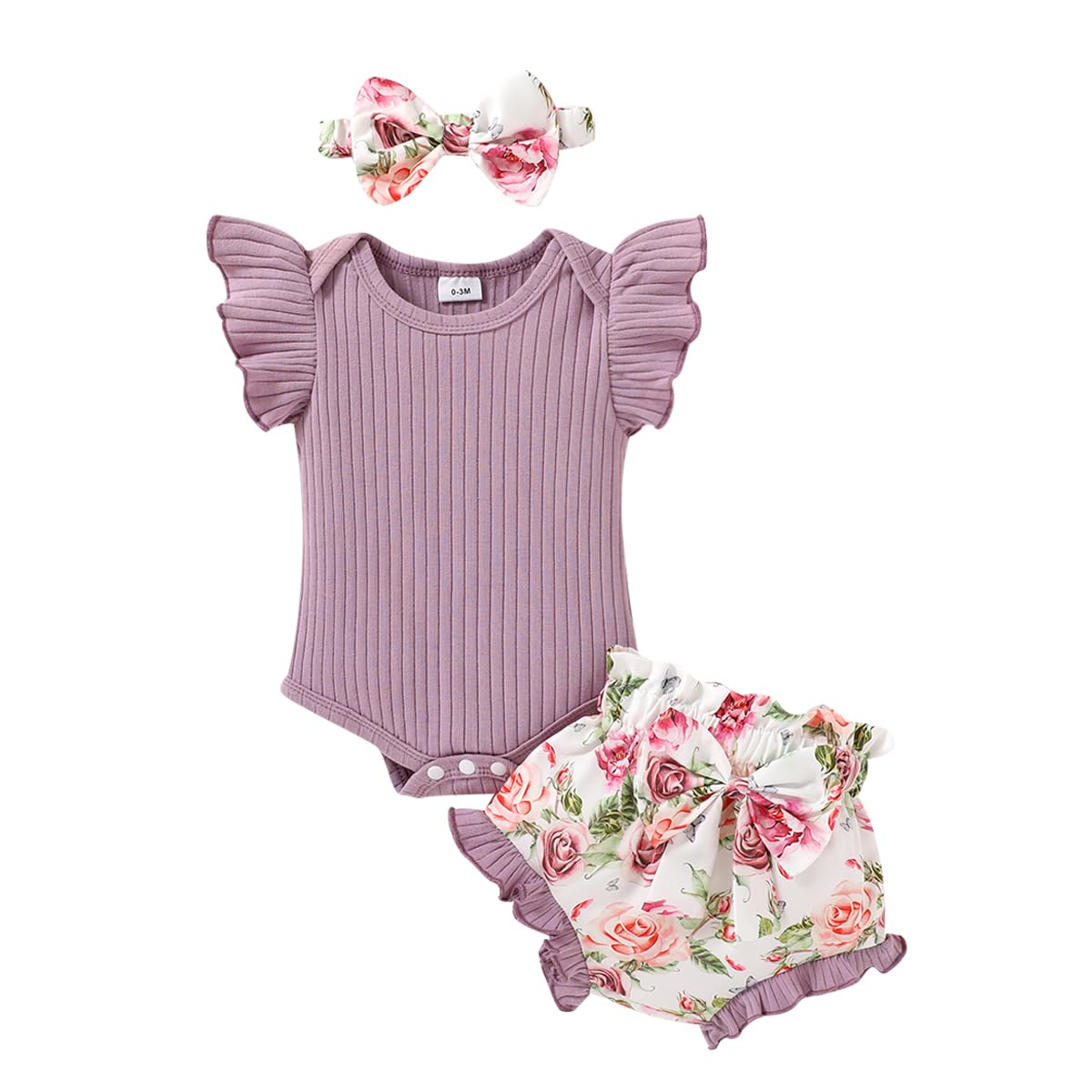 Tiny Cutey Baby Girl Clothes Infant Summer Outfits Set Ruffle Sleeve Romper and Floral Shorts with Headband