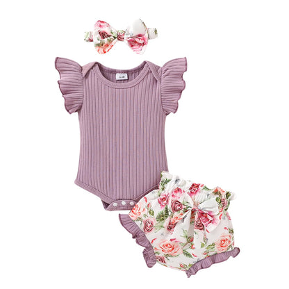 Tiny Cutey Baby Girl Clothes Infant Summer Outfits Set Ruffle Sleeve Romper and Floral Shorts with Headband