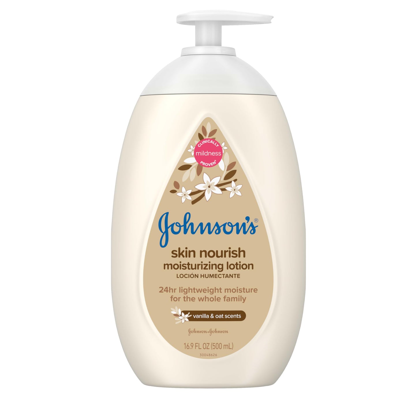 Johnson's Skin Nourish Moisturizing Baby Lotion for Dry Skin with Vanilla & Oat Scents, Gentle & Lightweight Body Lotion for the Whole Family, Hypoallergenic, Dye-Free, 16.9 fl. oz