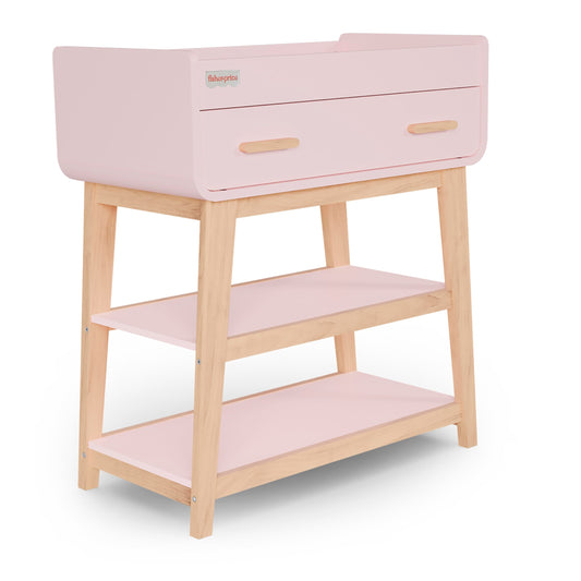 Fisher-Price Iris/Siesta Changing Table by Dream On Me, Blush Pink, JPMA & Greenguard Gold Certified, with a Bottom Closed Drawer and Two Open Shelves for Storage