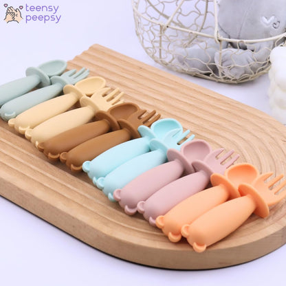 Bear Silicone Baby Bowl Suction Baby Spoon and Fork for Babies 6 months+ Suction Bowls for Baby Utensils 6-12M+ BLW Essentials (Peach Lilac)