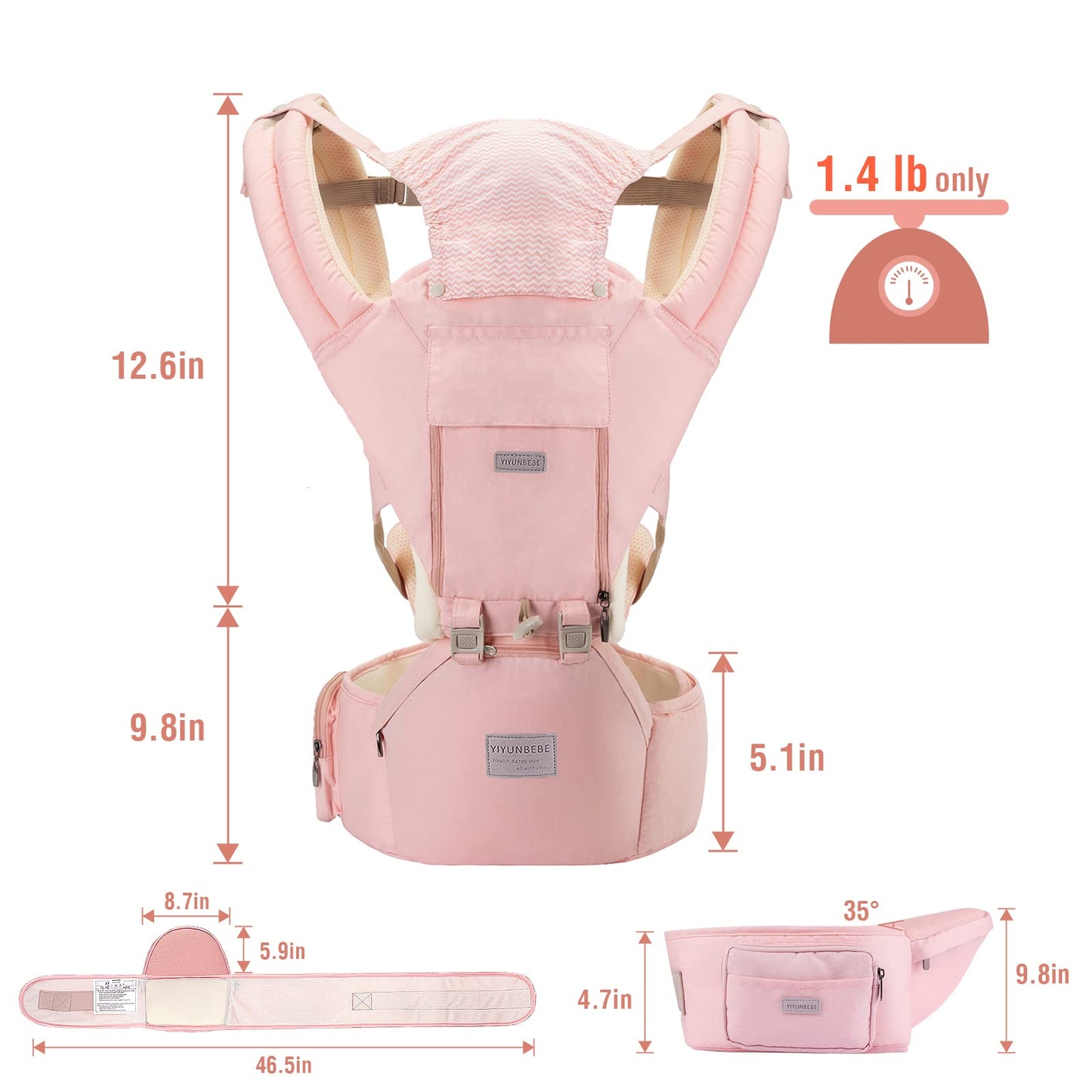 Baby Carrier, Ergonomic 6-in-1 Baby Carrier with Hip Seat for Newborn Infant Toddler, Adjustable Detachable Baby Holder Carrier for Dad Mom