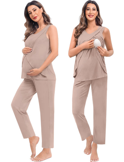 SWOMOG Maternity Nursing Robe Set 3 PCS Postpartum Breastfeeding Pajamas Hospital Pregnancy Pjs Double Layer Lounge Set