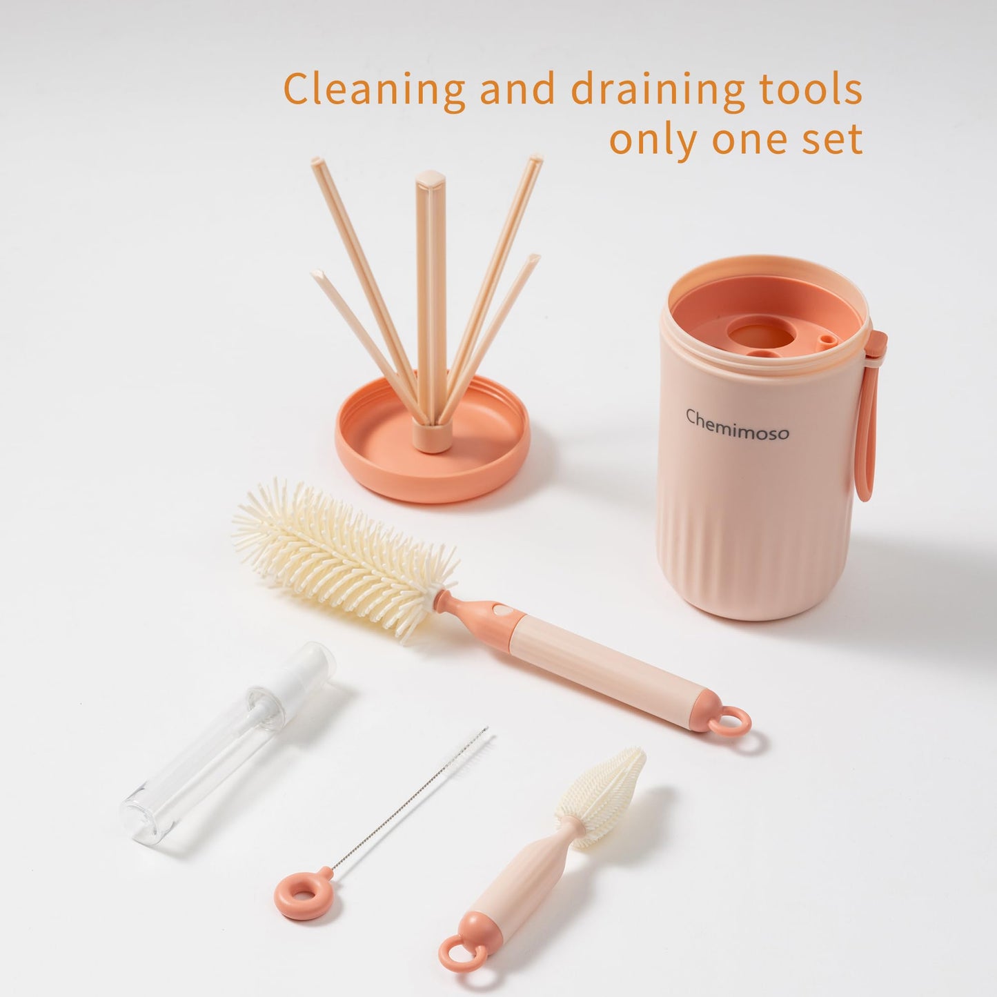 Travel Silicone Baby Bottle Cleaner Brush Set, Foldable Baby Bottle Drying Rack, Essential Cleaning Set for Outdoor Travel, Pink