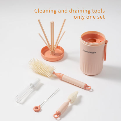 Travel Silicone Baby Bottle Cleaner Brush Set, Foldable Baby Bottle Drying Rack, Essential Cleaning Set for Outdoor Travel, Pink