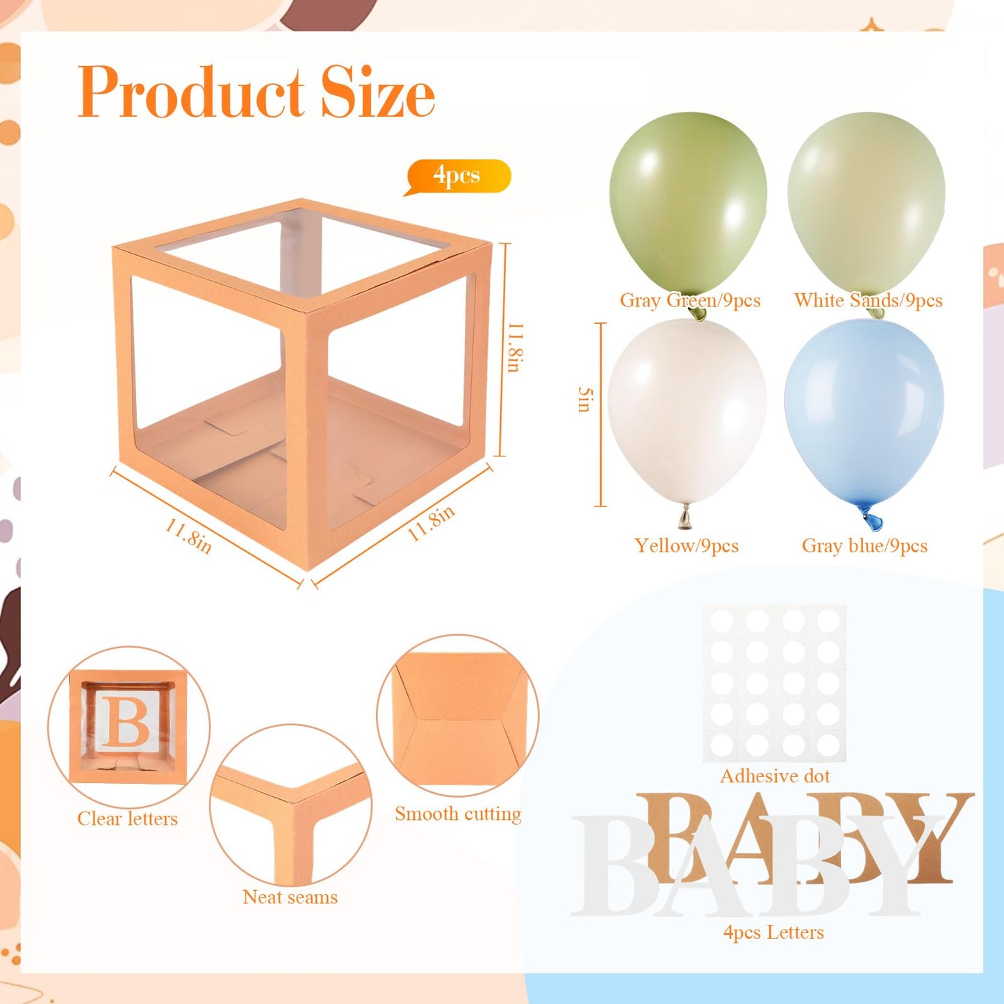 Zhanmai Baby Boxes for Bear Baby Shower Decoration with 4 Letters 36 Balloons 4pcs Transparent Clear Balloon Box Blocks for Boy Girl Balloon Boxes Gender Reveal Party Favors (Brown, Apricot, Blue)