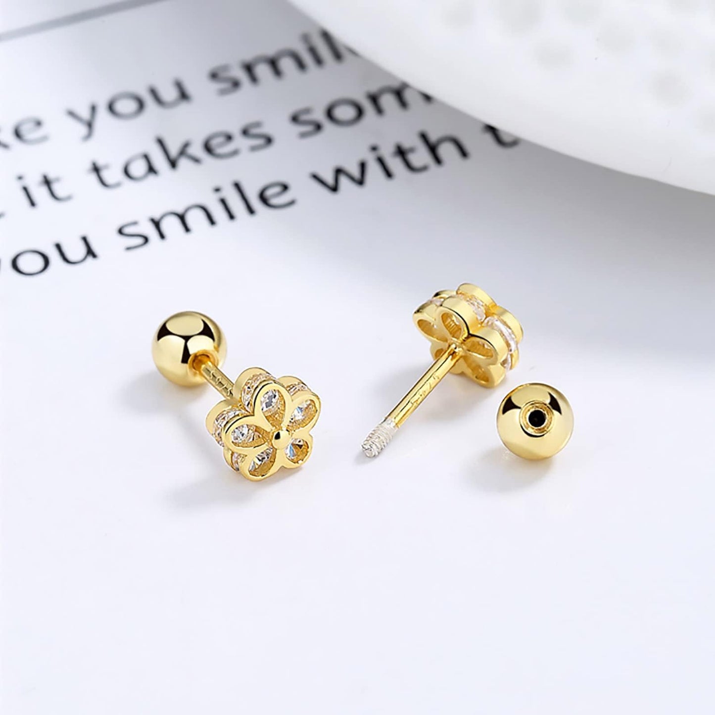 18K Gold Plated Sterling Silver Cubic Zirconia Screw Back Small Trendy Dainty Cute Flower Stud Earrings for Women with Jewelry Rose Box