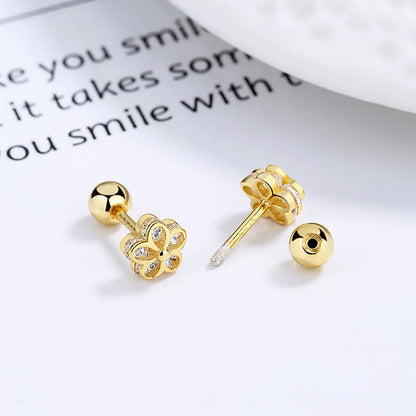 18K Gold Plated Sterling Silver Cubic Zirconia Screw Back Small Trendy Dainty Cute Flower Stud Earrings for Women with Jewelry Rose Box