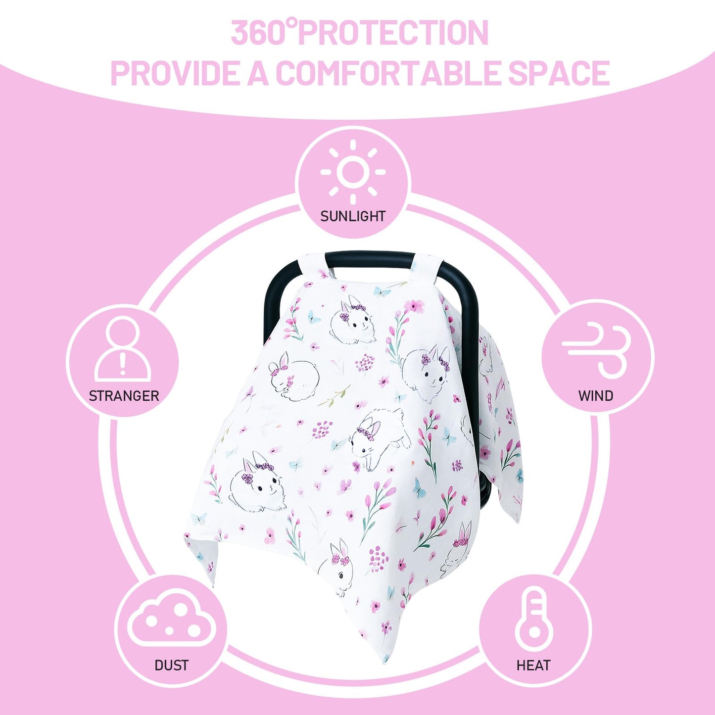 100% Muslin Summer Baby Car Seat Cover, Universal Fit Infant Car Seat Canopy, Breathable & Lightweight Sun, Weather Protection for Boys & Girls