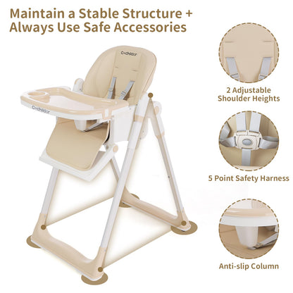 3-in-1 Foldable High Chair for Babies & Toddlers – Adjustable Height, Reclining Seat, 5-Point Safety Harness, Removable Tray, Lockable Wheels and Washable Cushion, Beige
