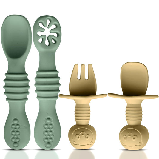 4pc Silicone Baby Spoons Self Feeding Baby Utensils 6-12 Months - 3 Baby Spoon - 1 Baby Fork - Toddler Cutlery Set - BPA Free, Dishwasher Safe, Baby Eating Essentials (Light pink/Army Green)