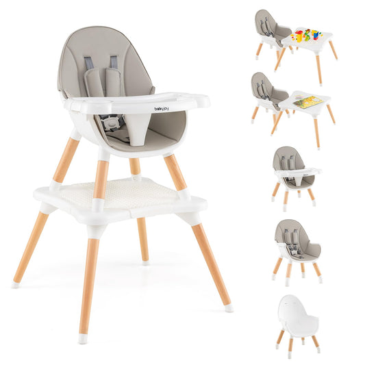 BABY JOY 6 in 1 High Chair, Convertible High Chairs for Babies and Toddlers/Booster Seat/Table and Chair Set, Infant Wooden Highchair w/ 5-Point Harness, 4-Position Removable Tray & PU Cushion, Coffee