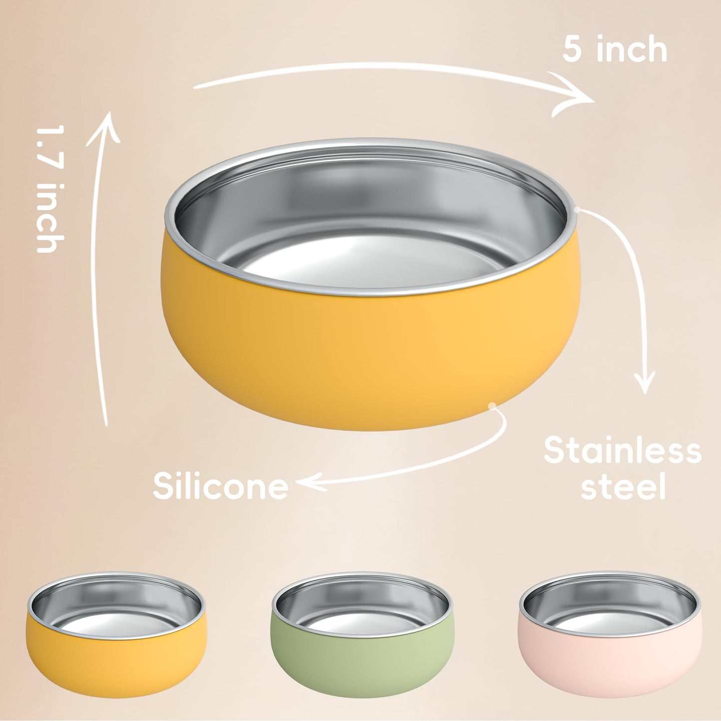 Bella's Friends Stainless Steel Baby Bowls with Silicone Sleeve 3 Pack, 4.3” for Toddlers Kids Feeding, Non-Slip, Non-Toxic, Mess-Free, Dishwasher Safe, Fit High Chair Size, Rose green Khaki
