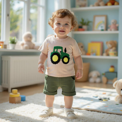 Toddler Baby Boy Summer Clothes Embroidered Farm Tractor Shirt and Short Set 2-Piece Outfits for Boys