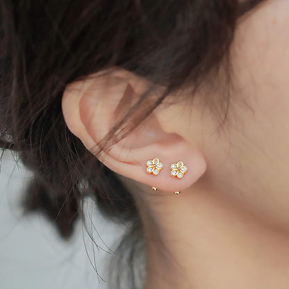 18K Gold Plated Sterling Silver Cubic Zirconia Screw Back Small Trendy Dainty Cute Flower Stud Earrings for Women with Jewelry Rose Box