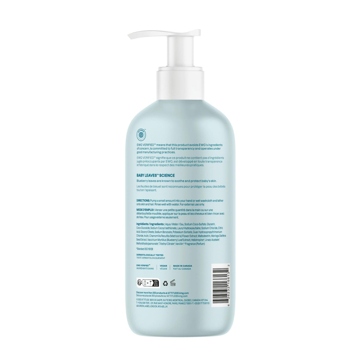 ATTITUDE 2-in-1 Shampoo and Body Wash for Baby, Fragrance-Free EWG Hypoallergenic Plant- and Mineral-Based Ingredients, Vegan and Cruelty-Free, Unscented, 16 Fl Oz
