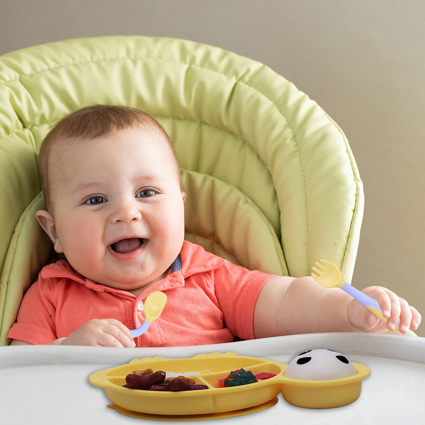 Silicone Suction Plates for Baby Toddler with Spoon Fork set Divided Dinosaurs Plates Self Feeding Training Baby Dinner Plate-Green Dinosaurs Plate Set