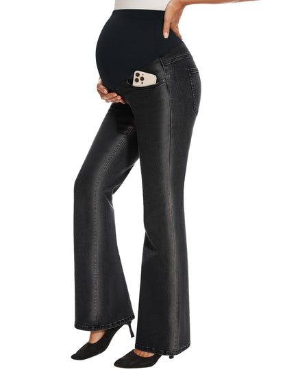 GLAMIX Women's Stretch Maternity Bootcut Jeans with Pockets Over The Belly Bell Bottoms Flare Denim Pants Pregnancy Clothes